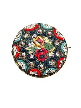 Vintage Italian Micro Mosaic Pin Brooch Floral Small Round Older Glass Tiles